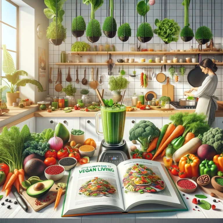 Modern kitchen bustling with vegan living: blending green smoothies, rainbow gradient of fresh produce, and 'The Ultimate Guide to Vegan Living' cookbook.